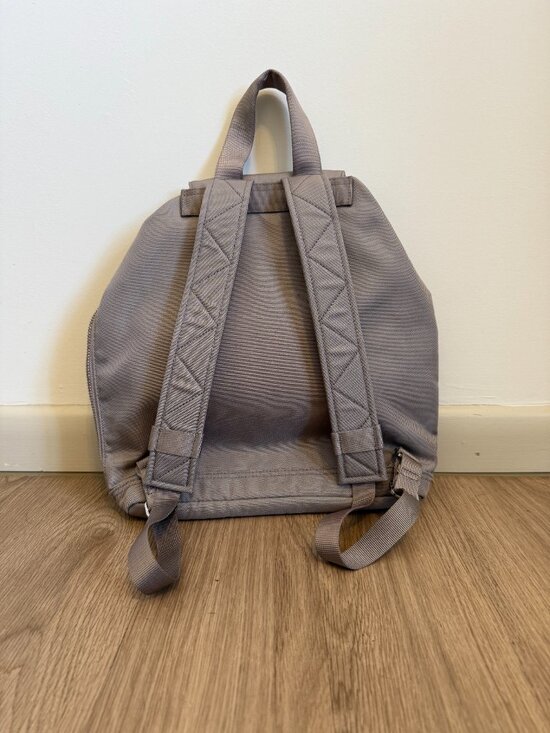 Lululemon Taupe Nylon Flap Drawstring Backpack Dual Zip Pockets EUC